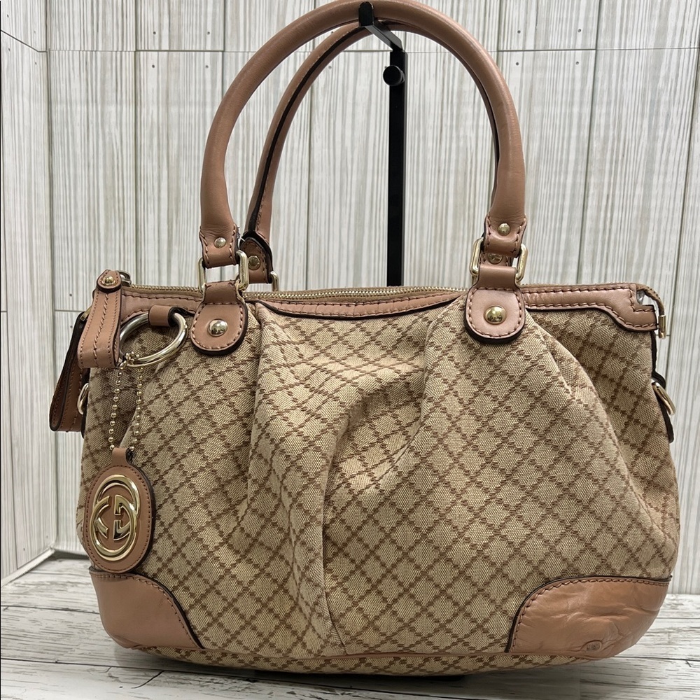 Gucci Beige Canvas Satchel Leather Trim Handbag - Picture 3 of 12